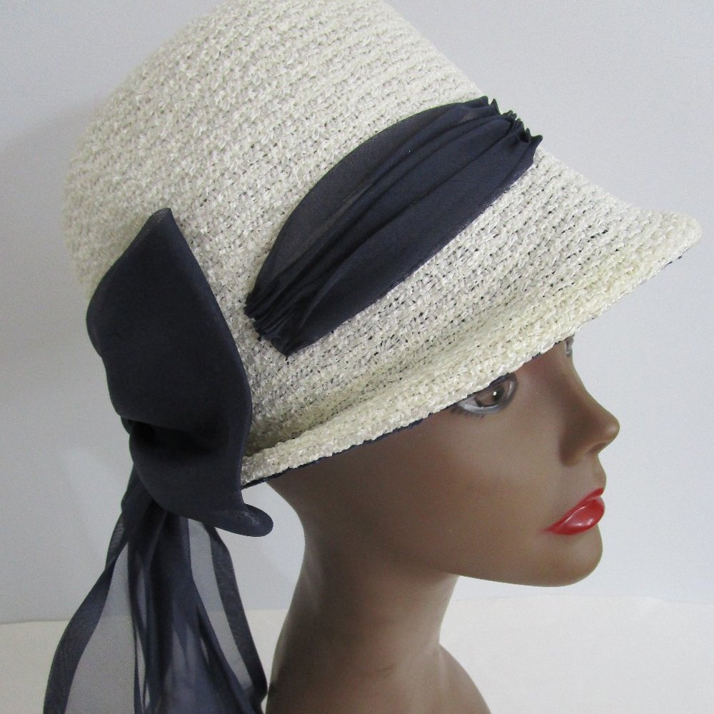 Mod 1960s White Textured Faux Straw Dome Hat Navy Sheer Scarf Bow
